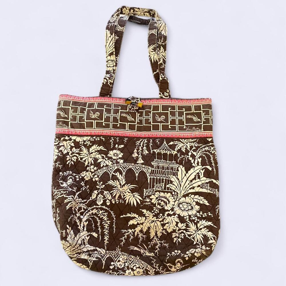Retired Vera Bradley Imperial Toile Toggle Tote Brown Pink Quilted Shoulder Bag